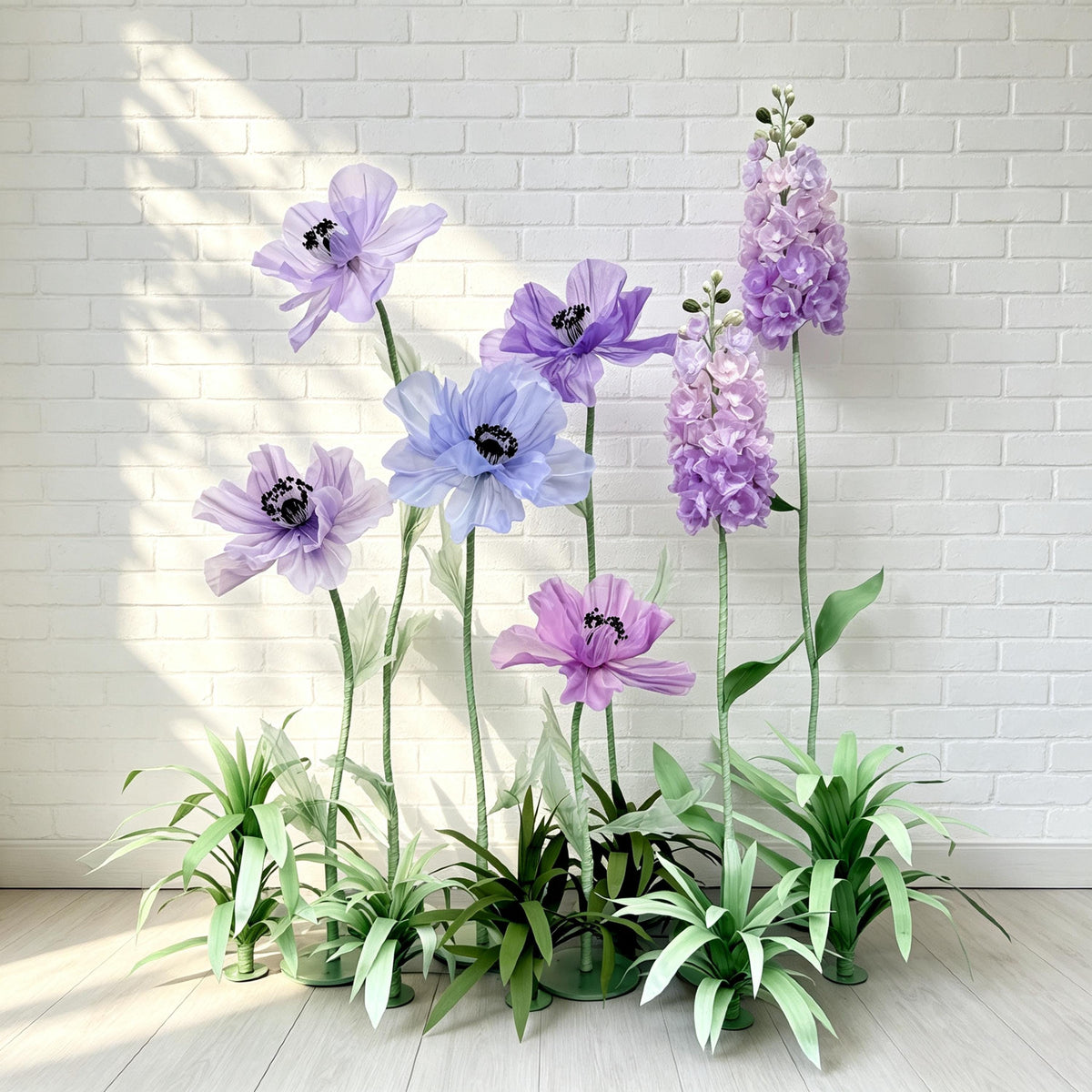 7 Oversized Taro Purple Wildflowers with Ground Plants, Giant Wildflower Garden, Luxury Event Floral Display, Luxury Retail Store Mall Decor
