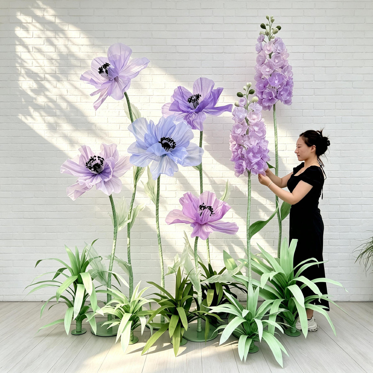 7 Oversized Taro Purple Wildflowers with Ground Plants, Giant Wildflower Garden, Luxury Event Floral Display, Luxury Retail Store Mall Decor