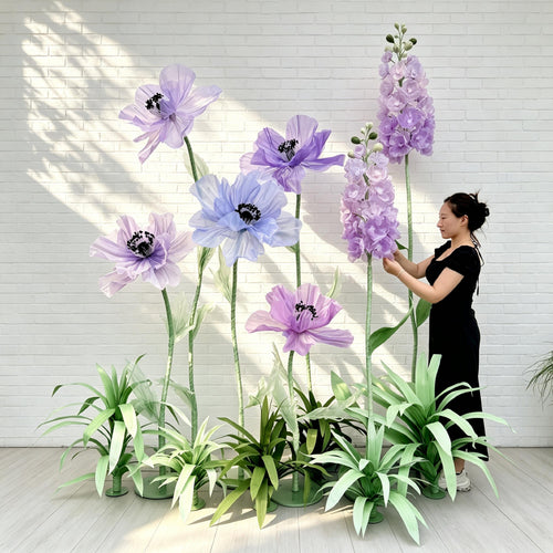 7 Oversized Taro Purple Wildflowers with Ground Plants, Giant Wildflower Garden, Luxury Event Floral Display, Luxury Retail Store Mall Decor