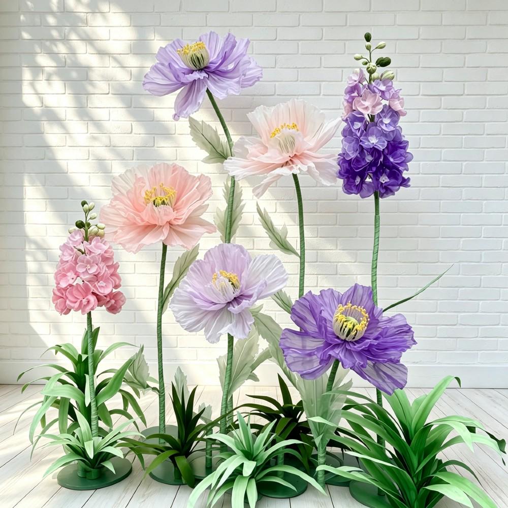 7 Oversized Pink Purple Wildflowers with Ground Plants, Giant Wildflower Garden, Luxury Event Floral Display, Luxury Retail Store Mall Decor