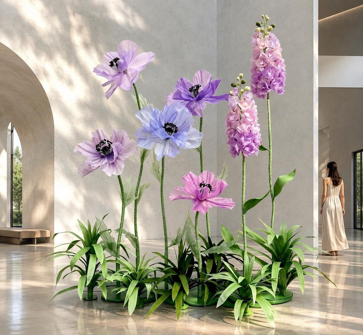 7 Oversized Taro Purple Wildflowers with Ground Plants, Giant Wildflower Garden, Luxury Event Floral Display, Luxury Retail Store Mall Decor