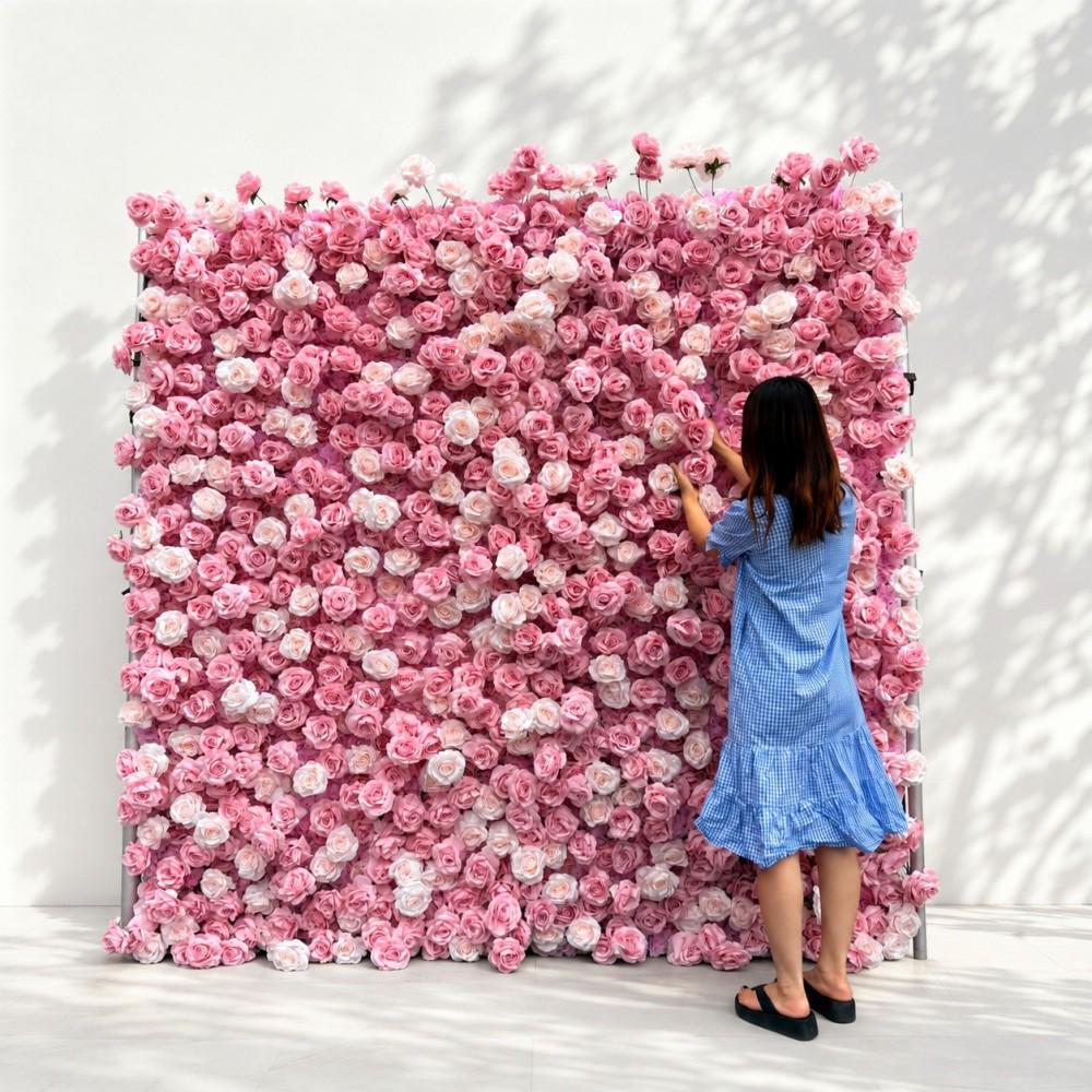 US Stock | Ships from USA | 5D Pink Roses Flower Wall 8x8ft, Rolling Up Curtain Fabric Backdrop, Artificial Flower Wall for Wedding Decor