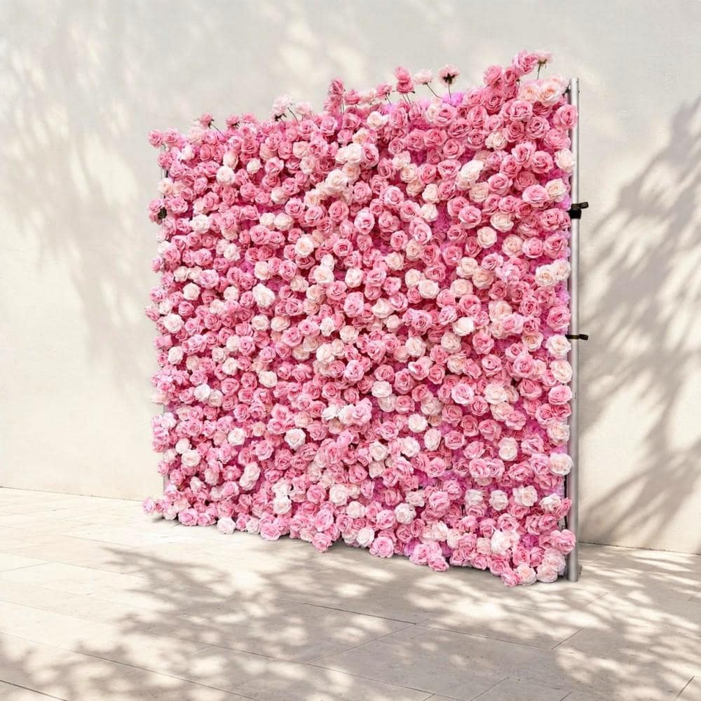 US Stock | Ships from USA | 5D Pink Roses Flower Wall 8x8ft, Rolling Up Curtain Fabric Backdrop, Artificial Flower Wall for Wedding Decor