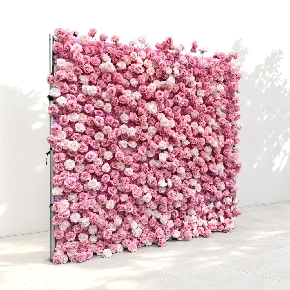 US Stock | Ships from USA | 5D Pink Roses Flower Wall 8x8ft, Rolling Up Curtain Fabric Backdrop, Artificial Flower Wall for Wedding Decor