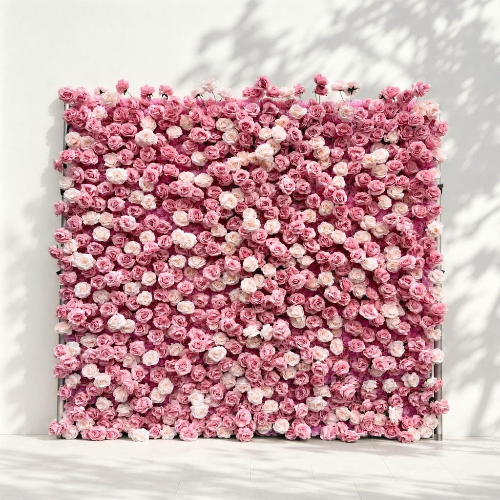 US Stock | Ships from USA | 5D Pink Roses Flower Wall 8x8ft, Rolling Up Curtain Fabric Backdrop, Artificial Flower Wall for Wedding Decor