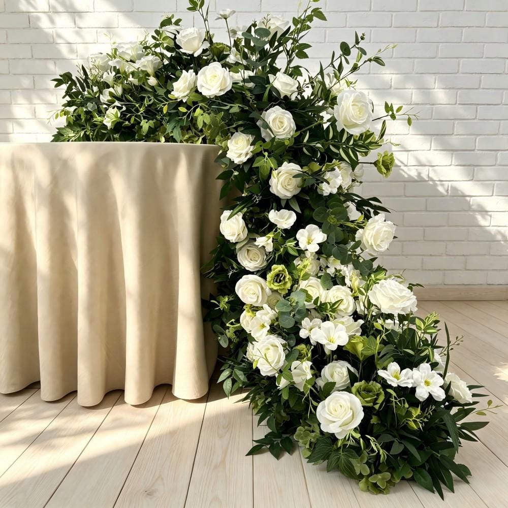 Ships from Houston/white roses greenery Wedding Arch, Table Flower Runner, Wedding Centerpiece Row for Wedding Aisle