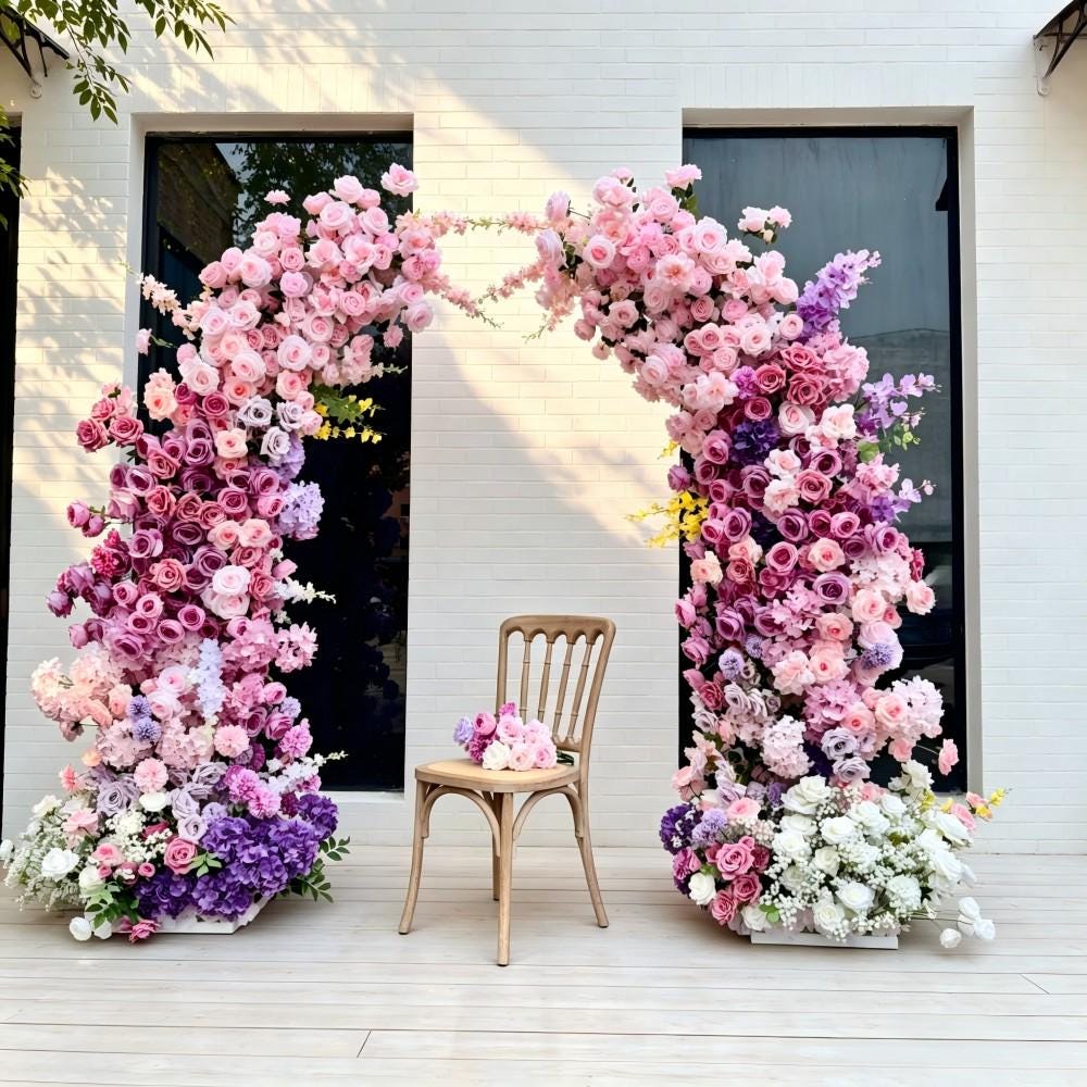 Ships from USA---7.2Ft Baby Pink Purple Rose Bull Horn Wedding Arch Flowers, Artificial Floral Arrangement for Ceremony，Event Backdrop Decor