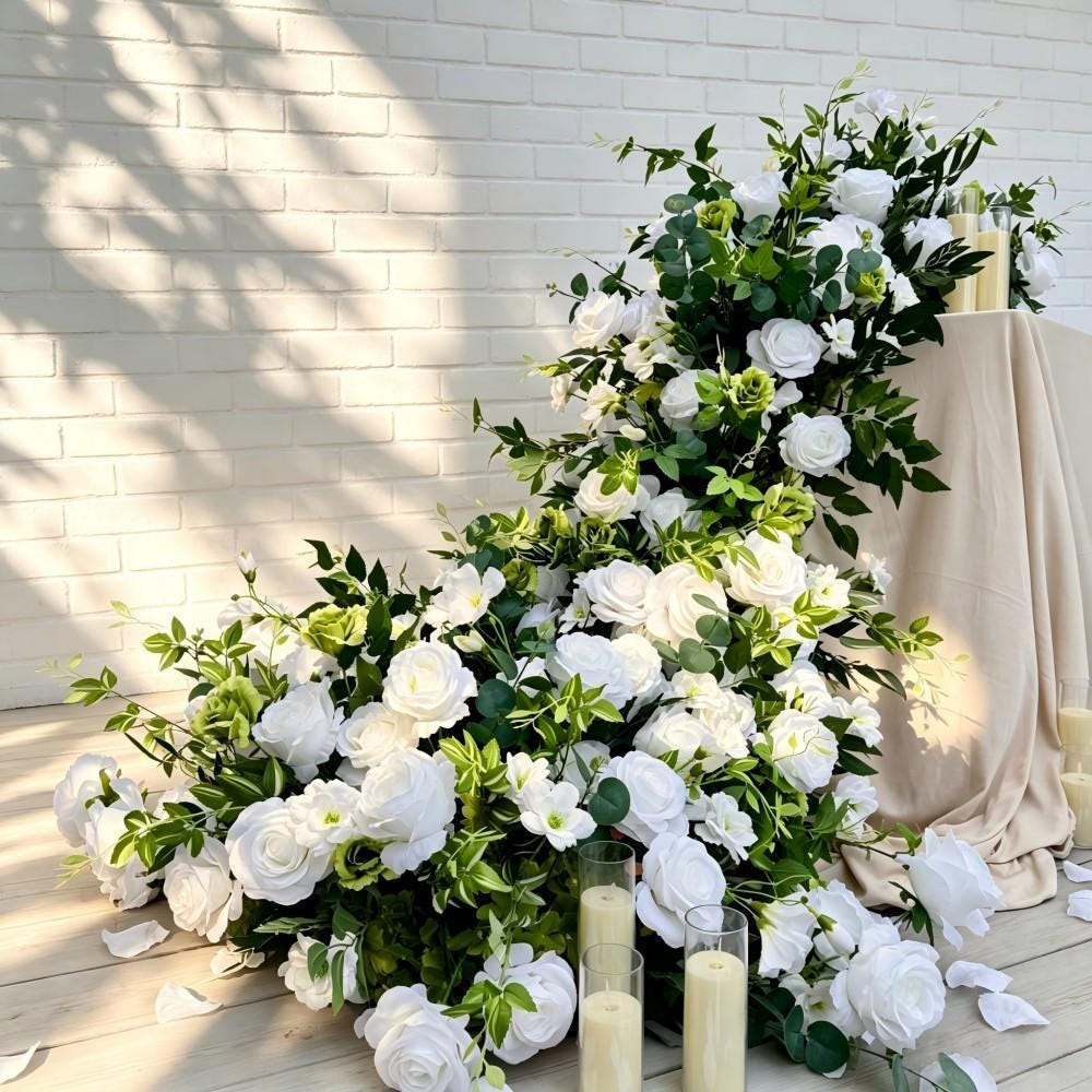 7.5FT ---White Rose & Greenery Waterfall Flower Garland, Cascading Wedding Table Flowers, Sweetheart Table Decor, Wedding Reception Decor