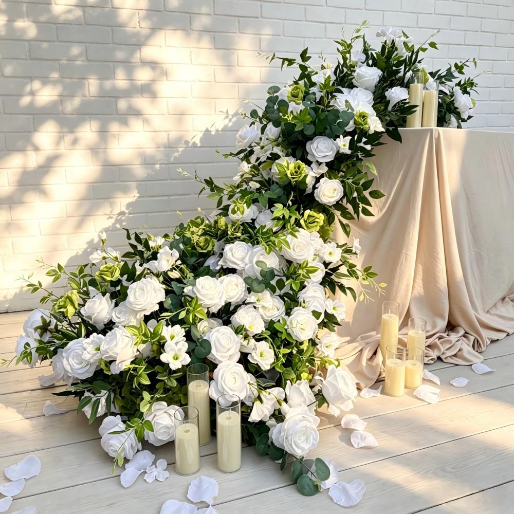 7.5FT ---White Rose & Greenery Waterfall Flower Garland, Cascading Wedding Table Flowers, Sweetheart Table Decor, Wedding Reception Decor