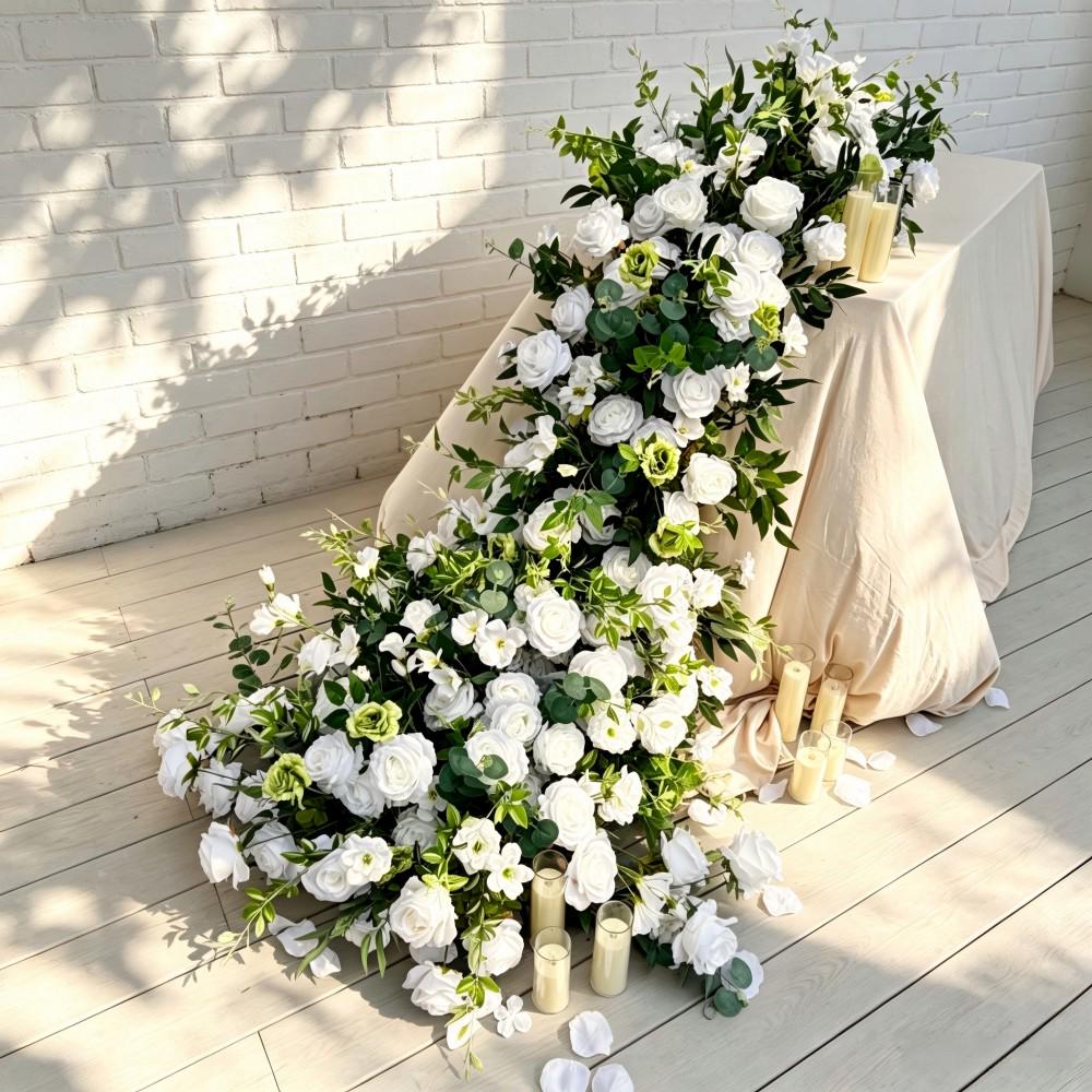 7.5FT ---White Rose & Greenery Waterfall Flower Garland, Cascading Wedding Table Flowers, Sweetheart Table Decor, Wedding Reception Decor