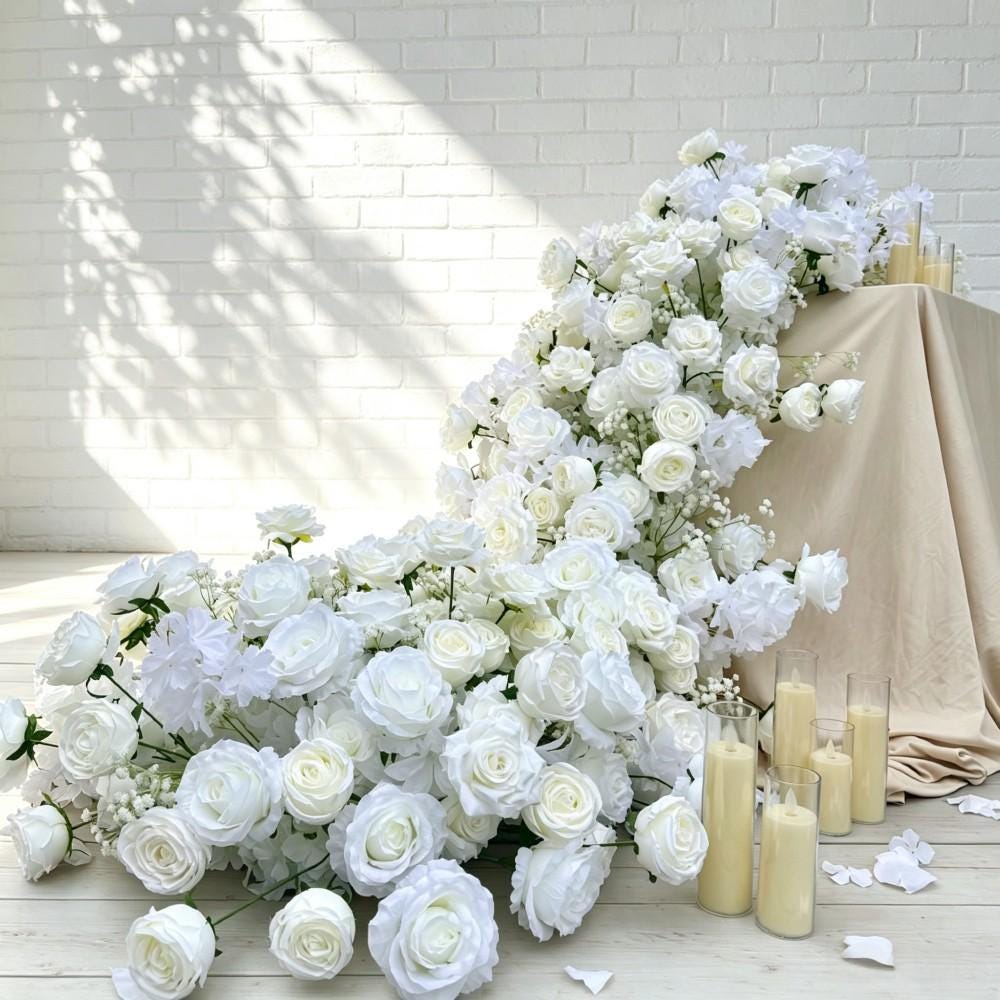 7.5FT ---White Rose Waterfall Flower Garland, Cascading Wedding Table Flowers, Sweetheart Table Floral Decor, Reception Centerpiece