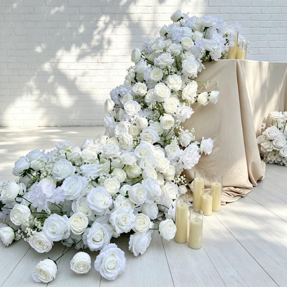 7.5FT ---White Rose Waterfall Flower Garland, Cascading Wedding Table Flowers, Sweetheart Table Floral Decor, Reception Centerpiece