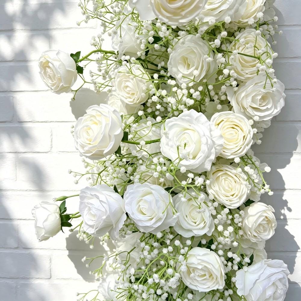 Ships from Houston/8.2+7.8FT White Rose  Baby’s Breath Wedding Arch Flowers, Artificial Floral Runner, Table Centerpiece Flower Row Décor