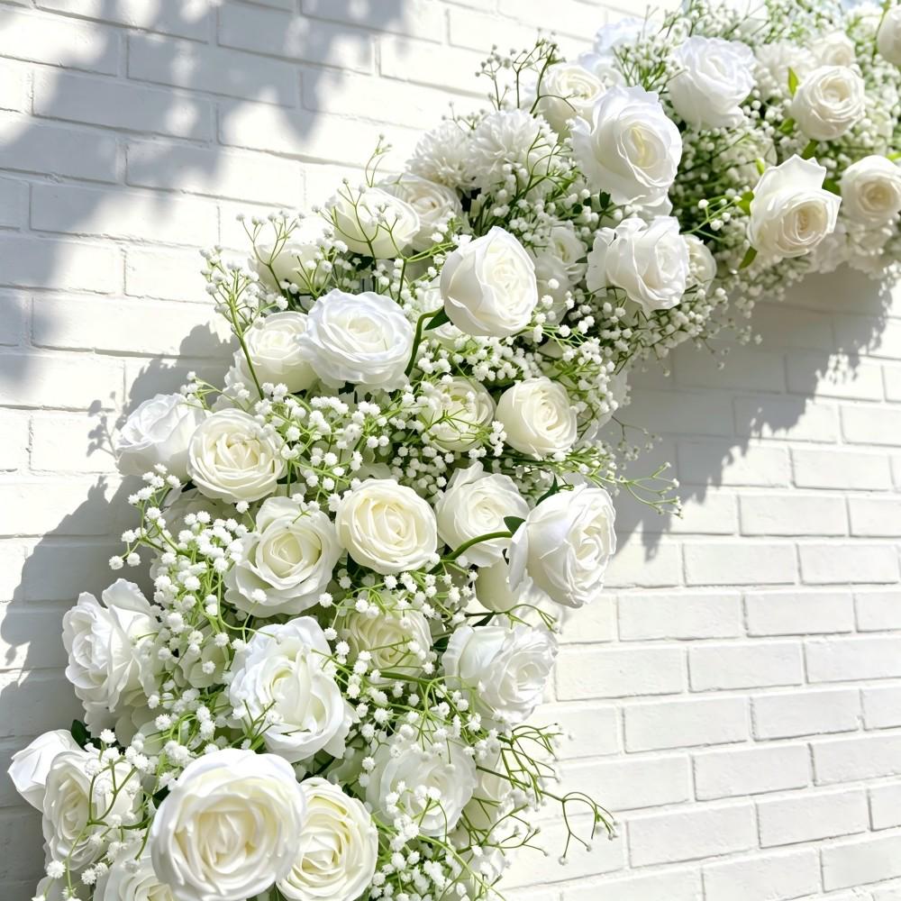 Ships from Houston/8.2+7.8FT White Rose  Baby’s Breath Wedding Arch Flowers, Artificial Floral Runner, Table Centerpiece Flower Row Décor