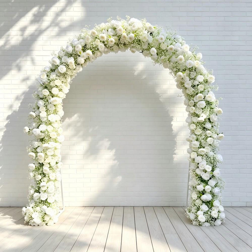 Ships from Houston/8.2+7.8FT White Rose  Baby’s Breath Wedding Arch Flowers, Artificial Floral Runner, Table Centerpiece Flower Row Décor