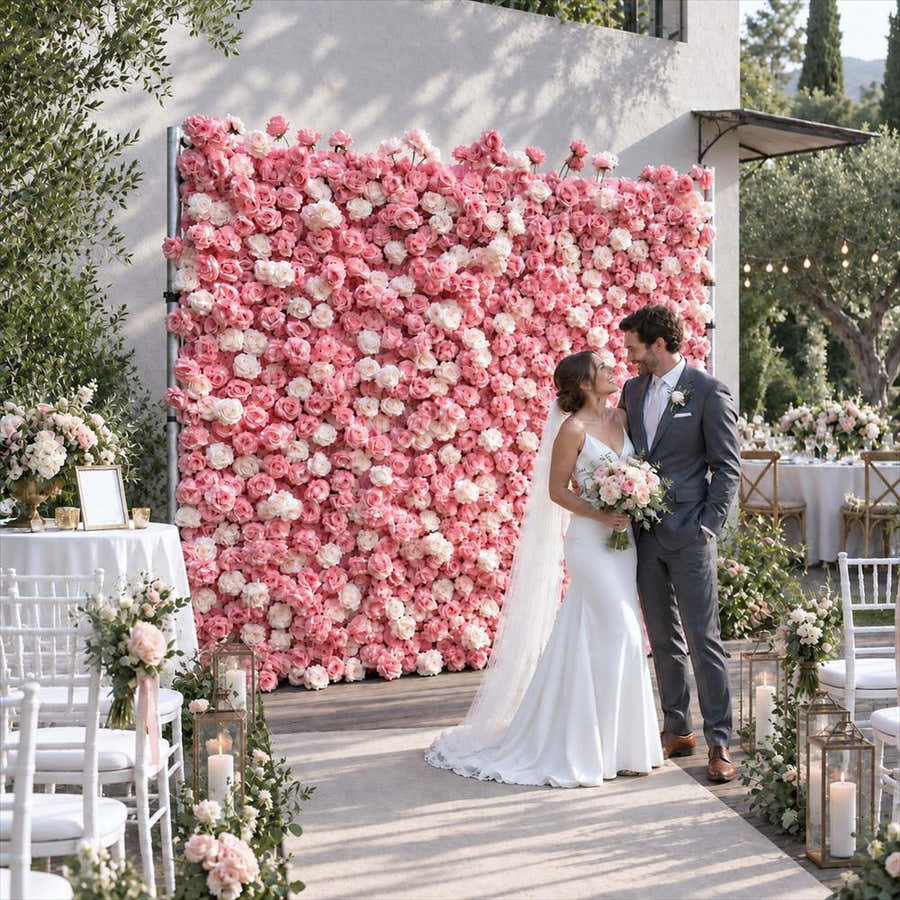 5D Pink Roses Flower Wall 8x8ft, Rolling Up Curtain Fabric Backdrop, Artificial Flower Wall for Wedding Decor