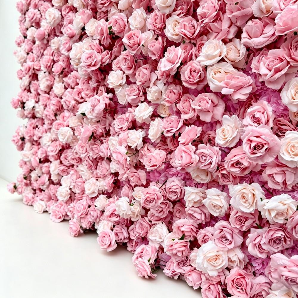 US Stock | Ships from USA | 5D Pink Roses Flower Wall 8x8ft, Rolling Up Curtain Fabric Backdrop, Artificial Flower Wall for Wedding Decor