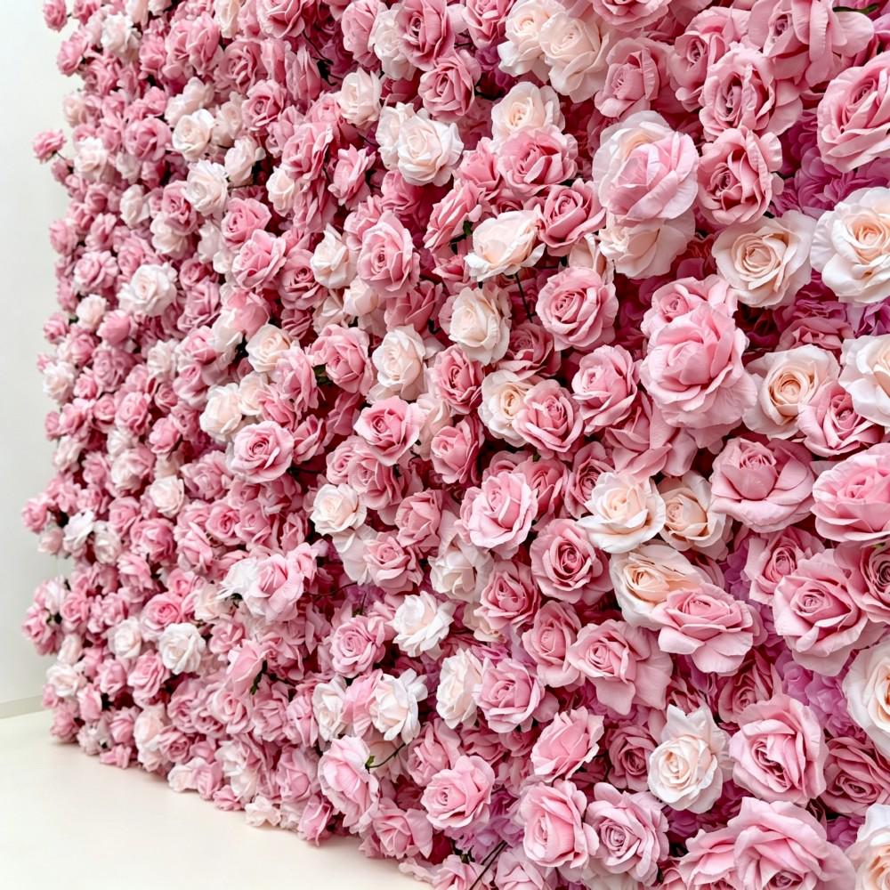 US Stock | Ships from USA | 5D Pink Roses Flower Wall 8x8ft, Rolling Up Curtain Fabric Backdrop, Artificial Flower Wall for Wedding Decor