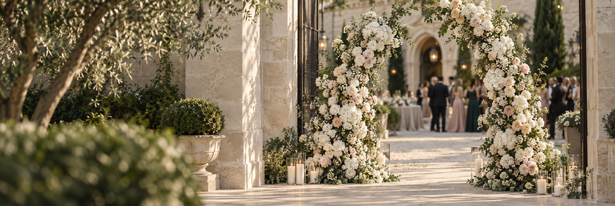 Elegant ivory and blush floral wedding arch at a garden venue