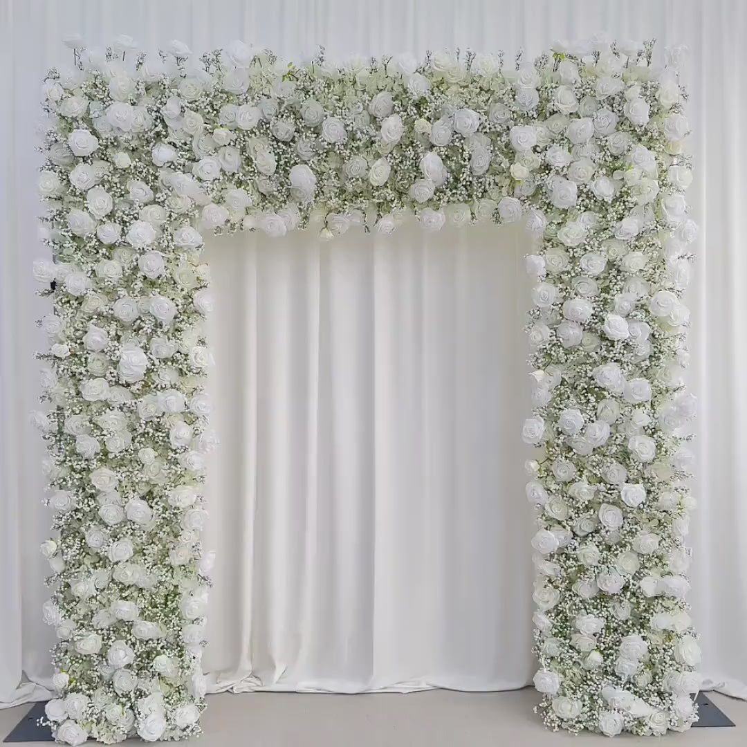 W8Ft x H8.53Ft Rollable Artificial White Rose  baby’s breath Arch Wedding Decoration, Flower Arch Wedding, Backdrop Flower Archway Party