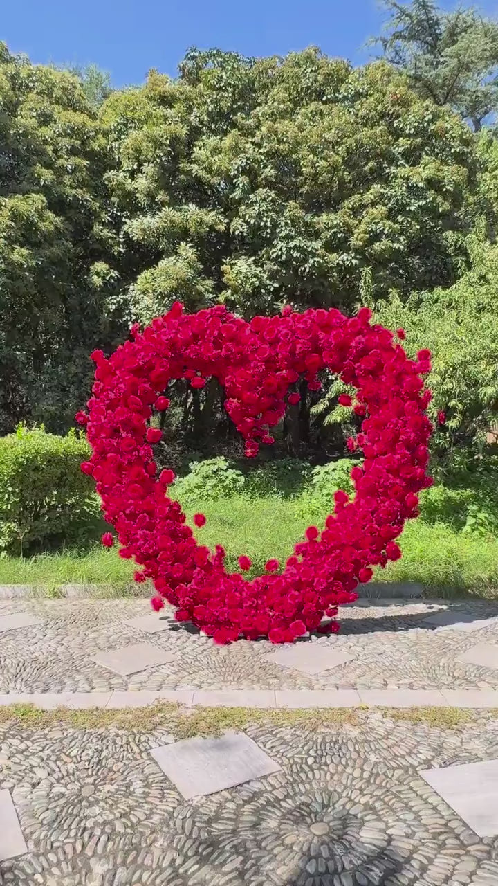 US Seller – 5D Red Heart-Shaped Floral Arch Backdrop(7.2×7.2 ft), Luxury Artificial Rose Wedding Arch, Proposal & Engagement Decoration