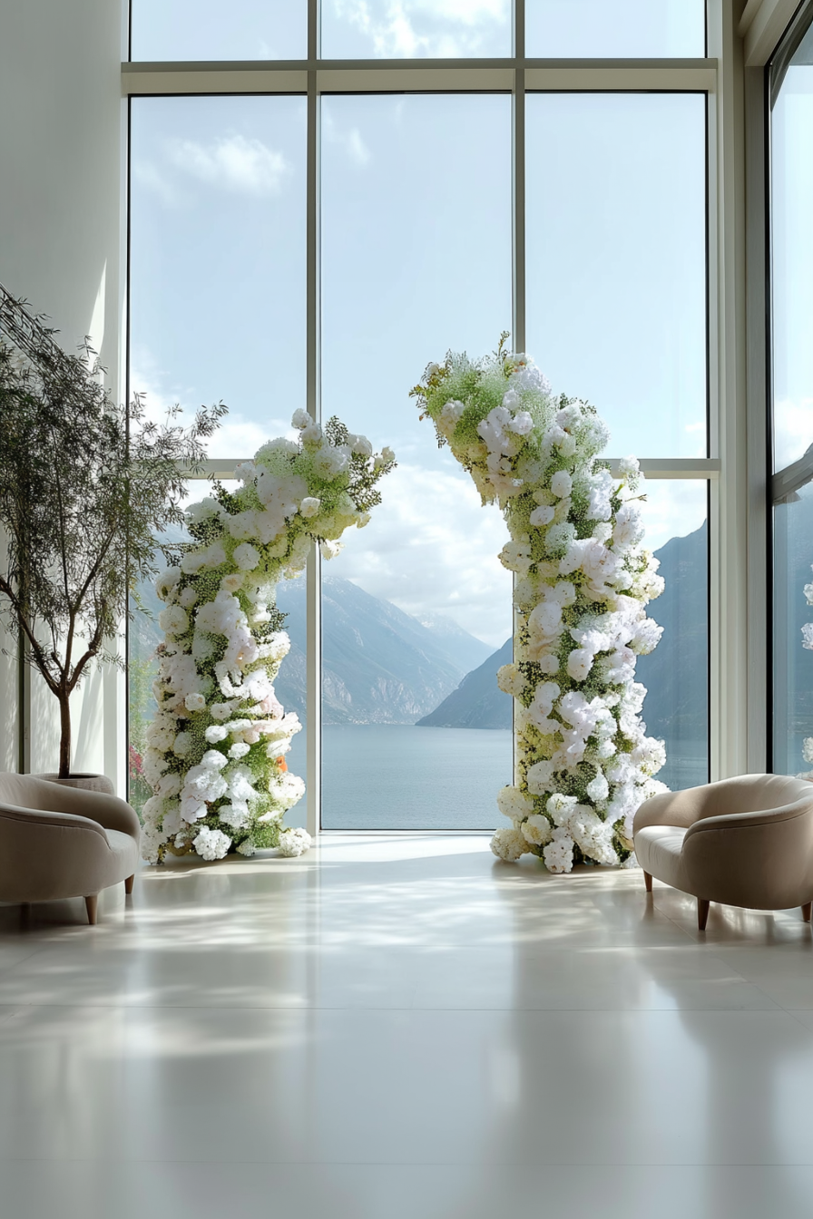 Minimalist Forest-Style White Flower Arch for Weddings