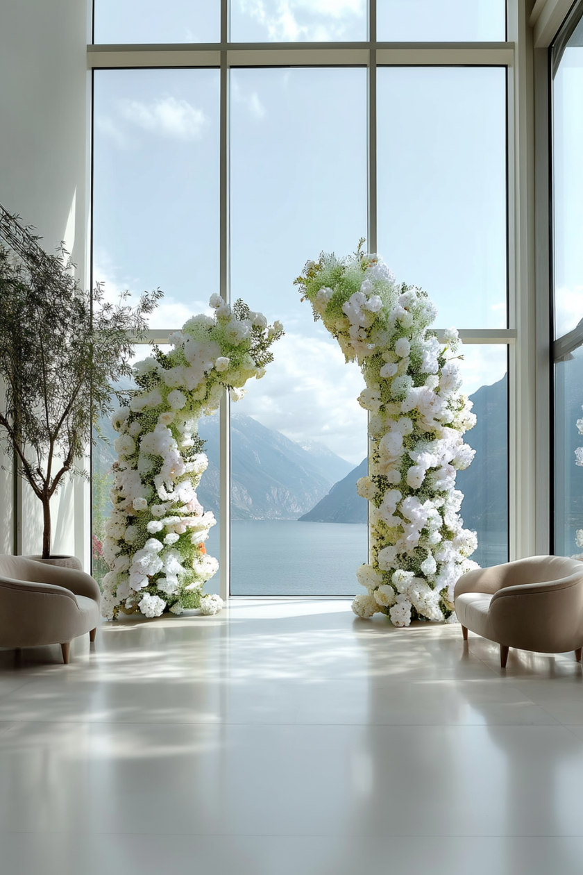 Minimalist Forest-Style White Flower Arch for Weddings