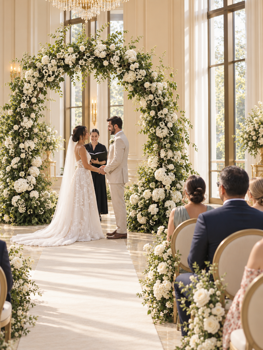 White rounded floral arch framing a couple during an indoor wedding ceremony