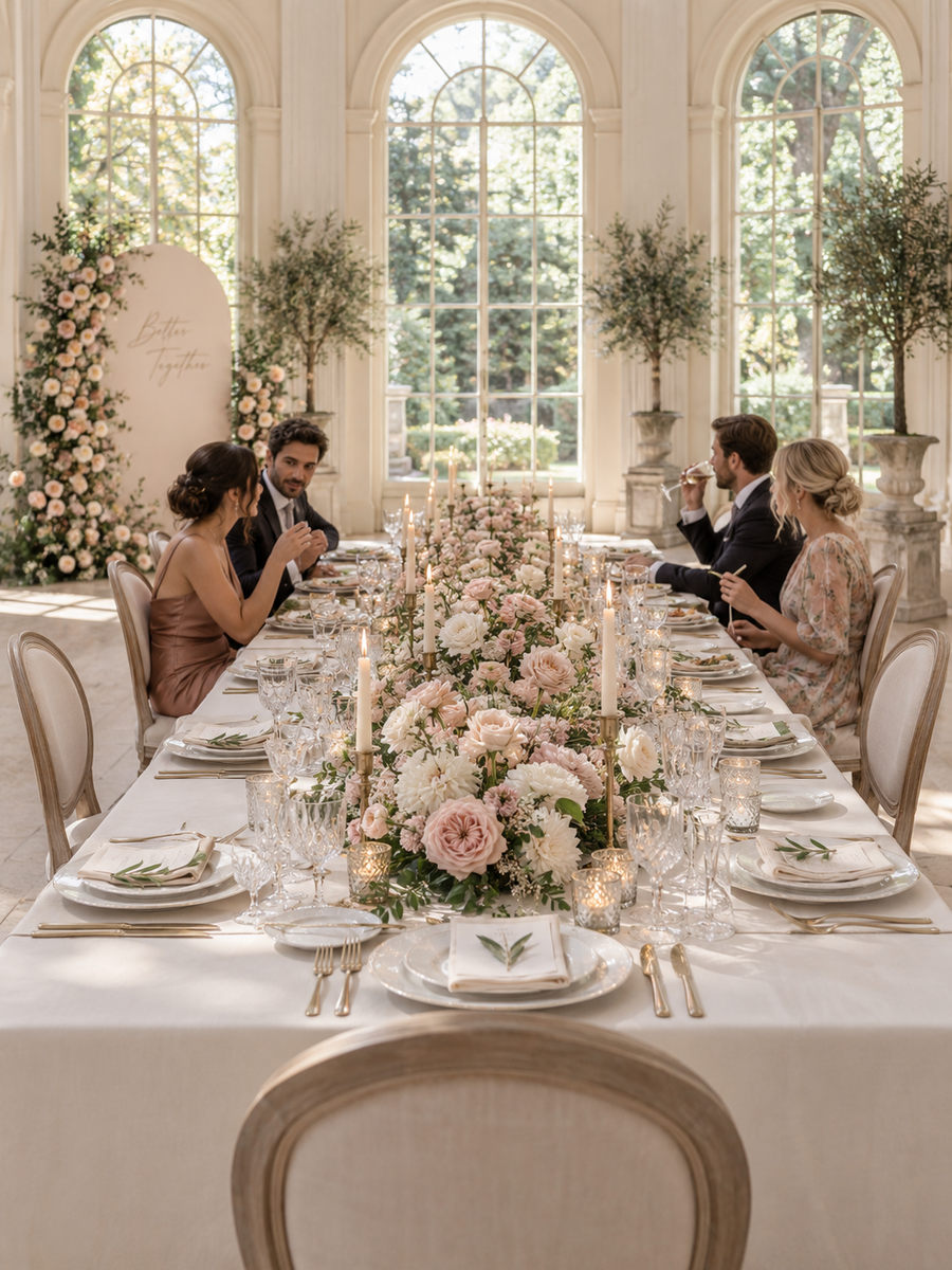 Wedding guests seated at a long reception table with blush floral centerpieces