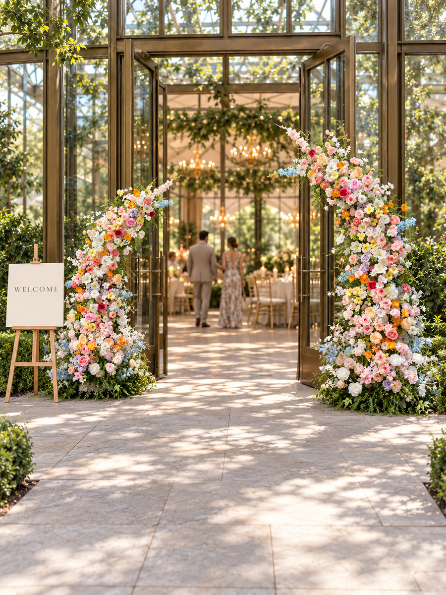 Colorful floral entrance pillars beside a welcome sign at a glass-fronted wedding venue