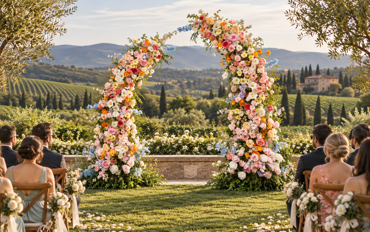 Two curved pastel floral pillars framing an outdoor wedding ceremony