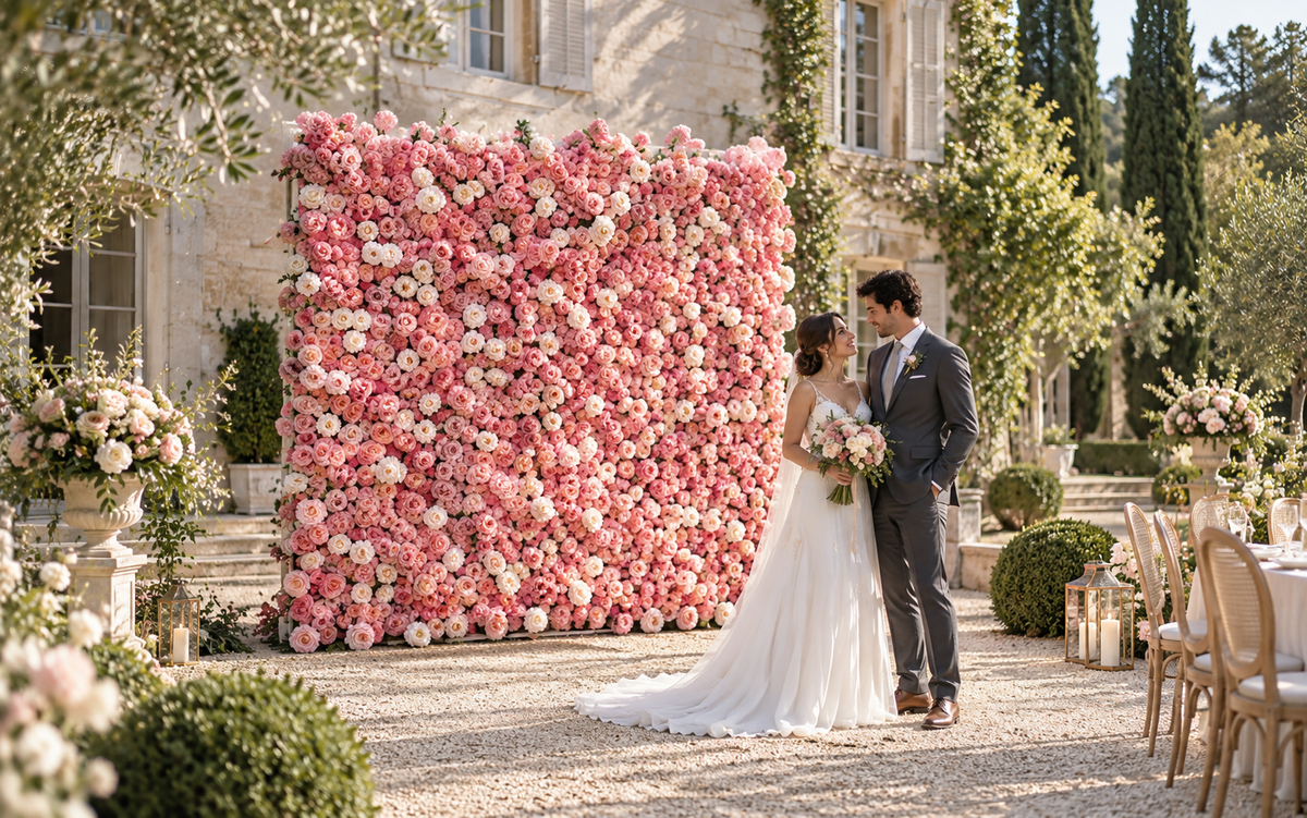 Pink rose floral backdrop beside a couple in a sunlit wedding garden