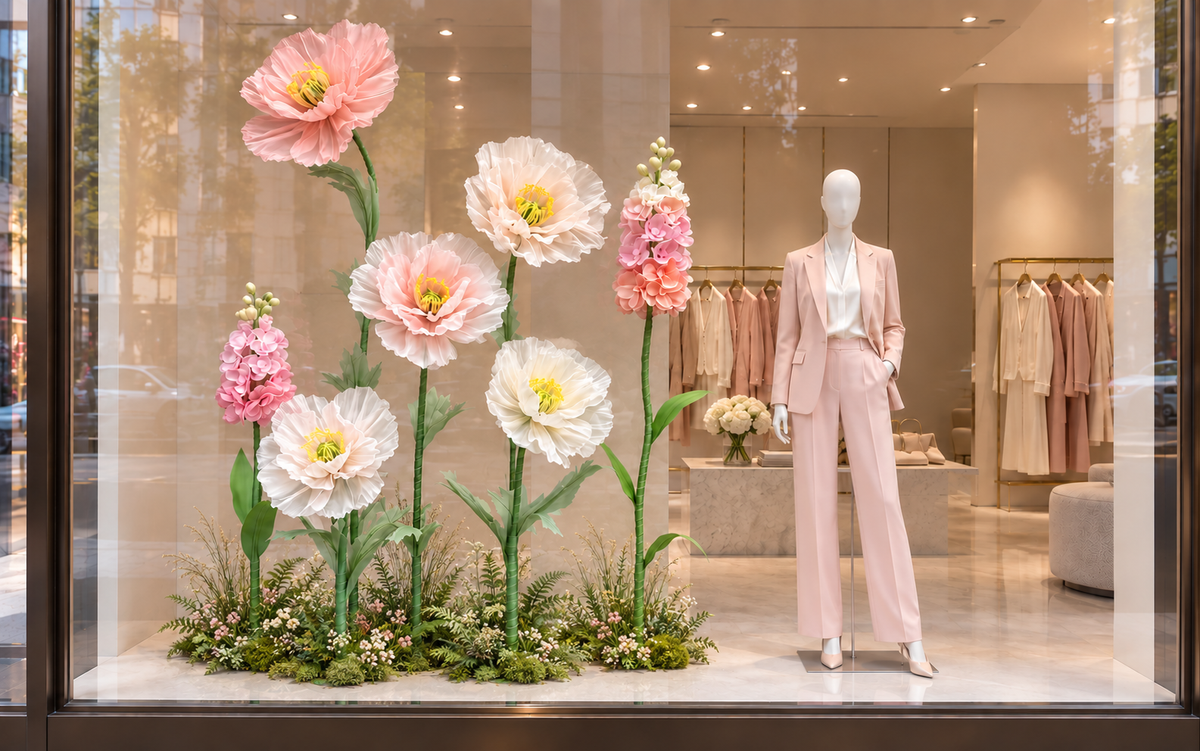 Oversized pink and white flowers styled in a boutique window display