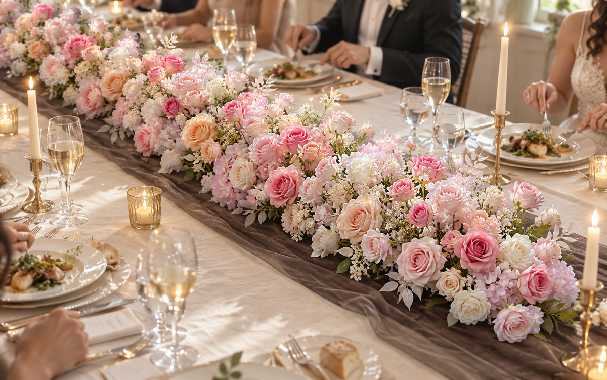 Pink and peach floral centerpiece extending along a wedding dining table