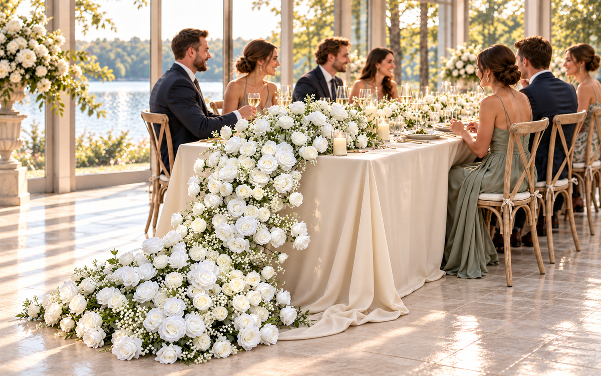 White floral arrangement cascading from a wedding reception table to the floor