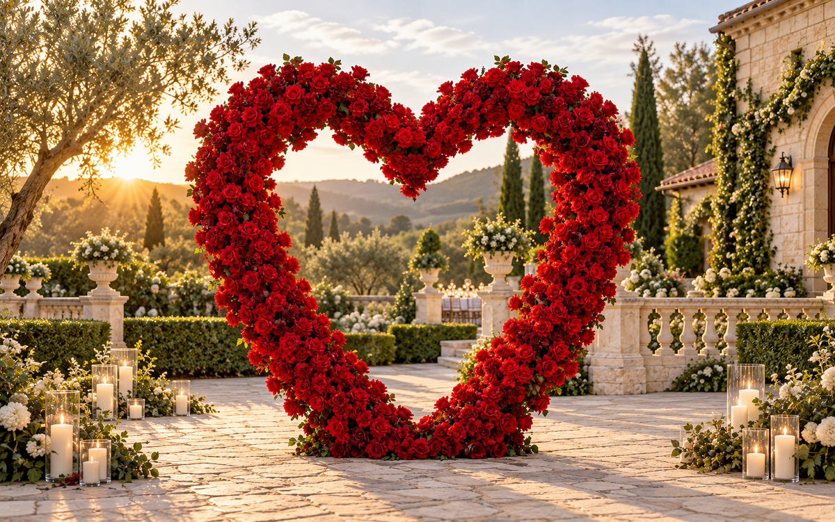 Red rose heart-shaped arch with candles on a stone terrace at sunset