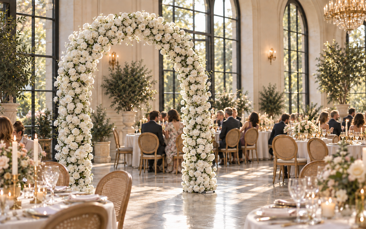Rounded white floral arch in a bright wedding reception hall